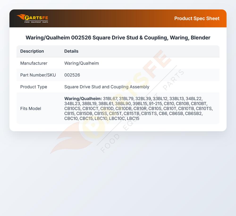 Waring/Qualheim 002526 Square Drive Stud & Coupling, Waring, Blender