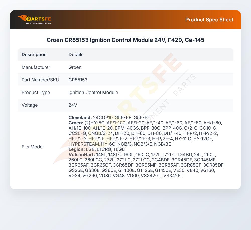 Groen GR85153 Ignition Control Module 24V, F429, Ca-145