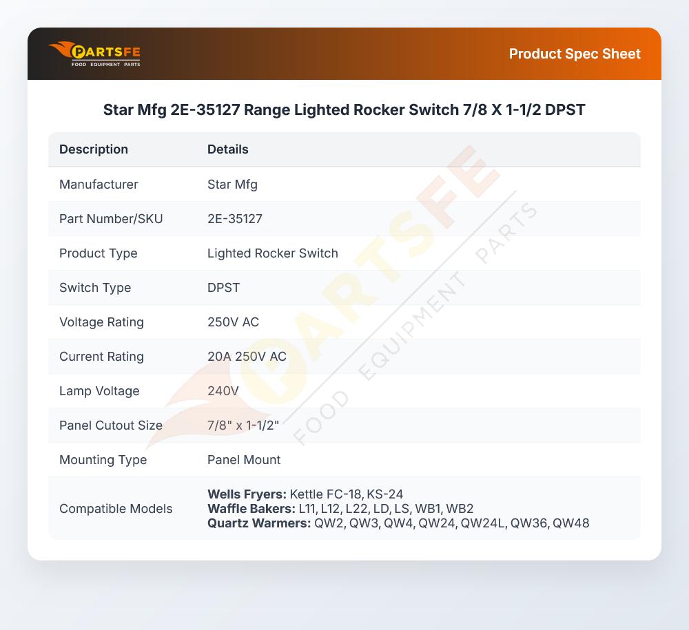 Star Mfg 2E-35127 Range Lighted Rocker Switch 7/8 X 1-1/2 DPST