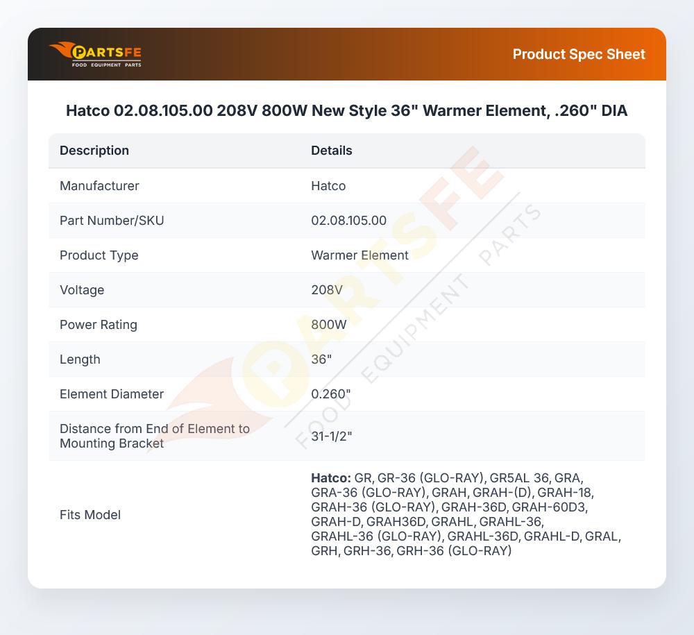 Hatco 02.08.105.00 208V 800W New Style 36" Warmer Element, .260" DIA