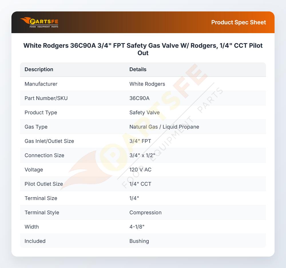 White Rodgers 36C90A 3/4" FPT Safety Gas Valve W/ Rodgers, 1/4" CCT Pilot Out