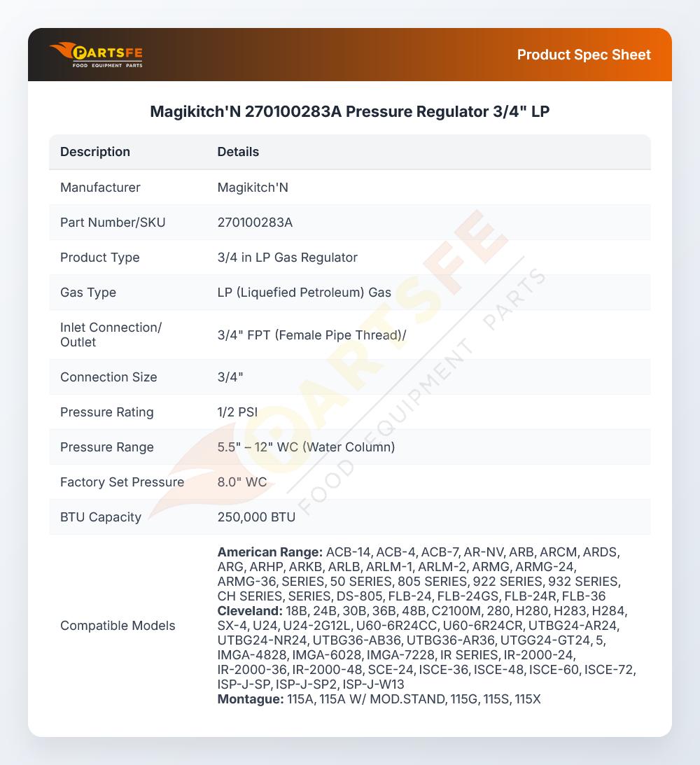 Magikitch'N 270100283A Pressure Regulator 3/4" LP