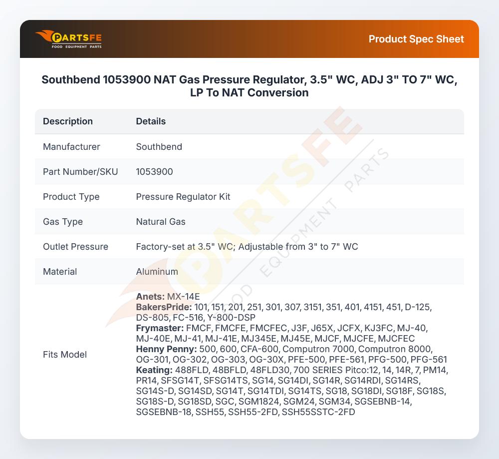 Southbend 1053900 NAT Gas Pressure Regulator, 3.5" WC, ADJ 3" TO 7" WC,  LP To NAT Conversion