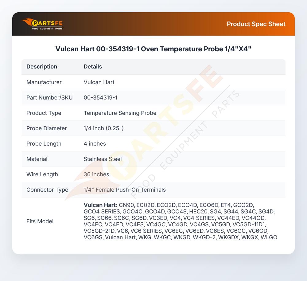 Vulcan Hart 00-354319-1 Oven Temperature Probe 1/4"X4"