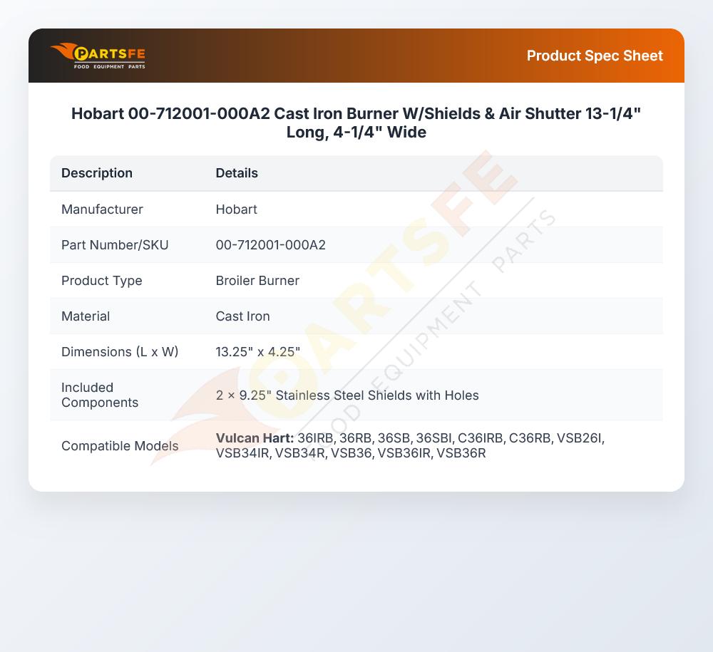 Hobart 00-712001-000A2 Cast Iron Burner W/Shields & Air Shutter 13-1/4" Long 4-1/4" Wide