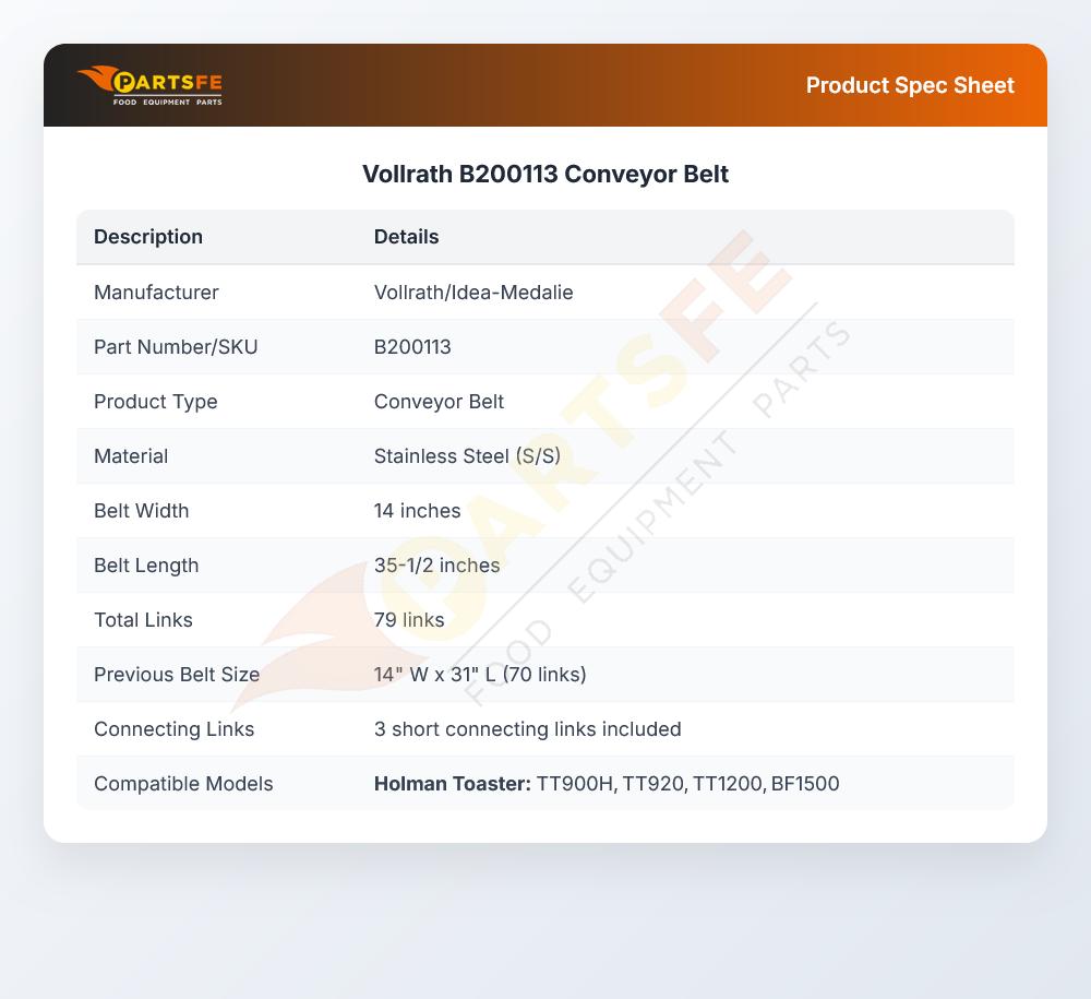 Vollrath B200113 Conveyor Belt