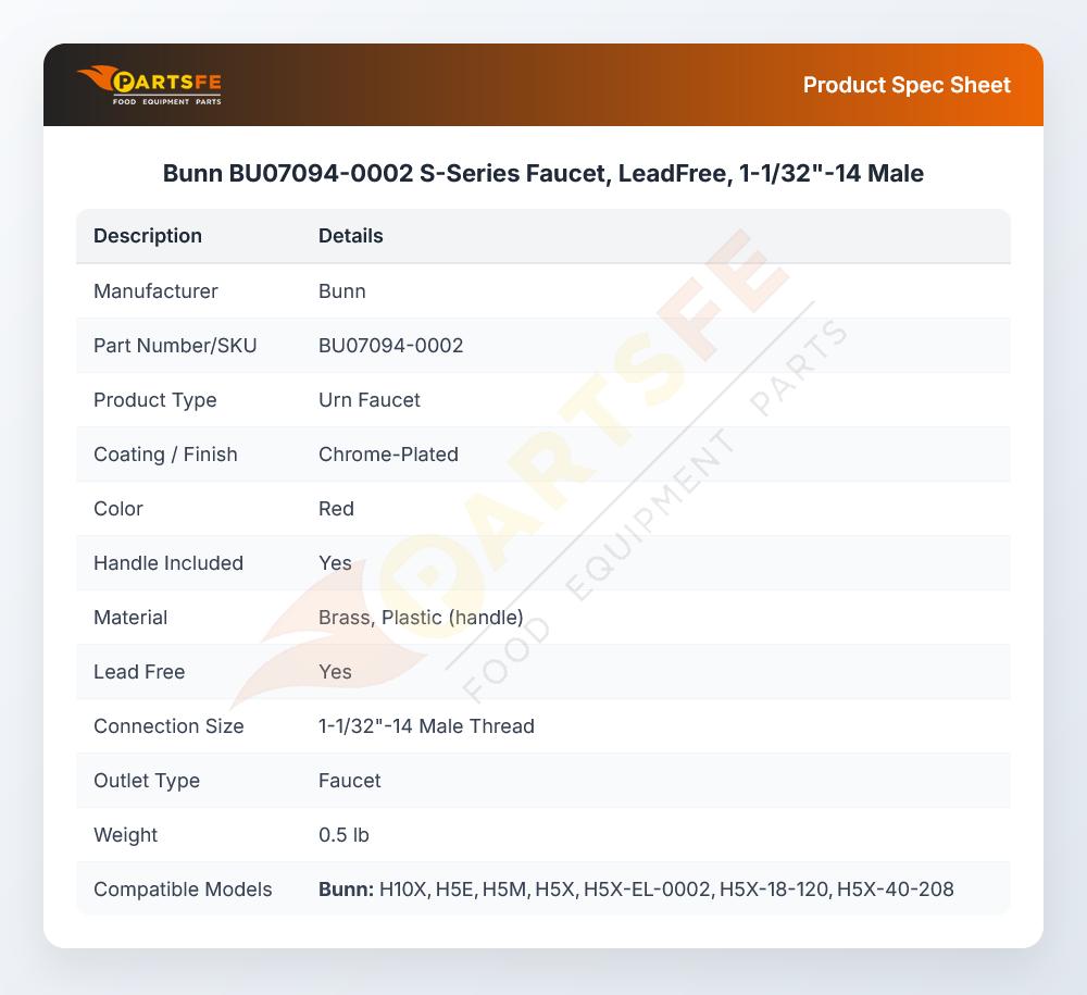 Bunn BU07094-0002 S-Series Faucet, LeadFree, 1-1/32"-14 Male