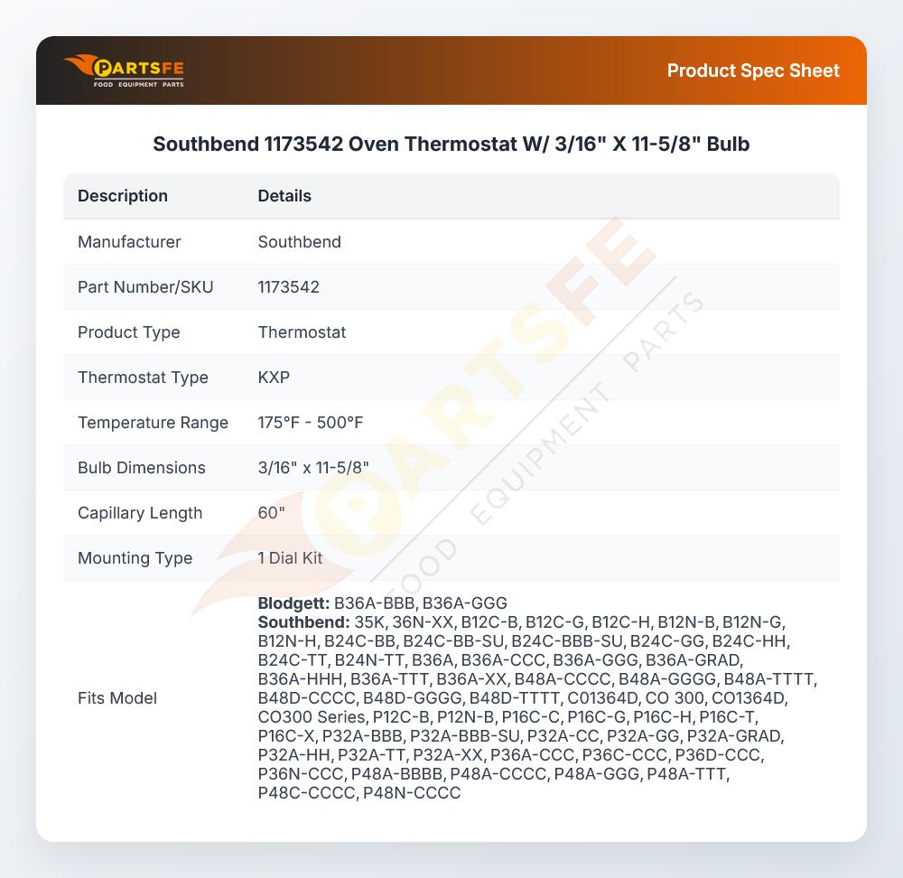 Southbend 1173542 Oven Thermostat W/ 3/16" X 11-5/8" Bulb