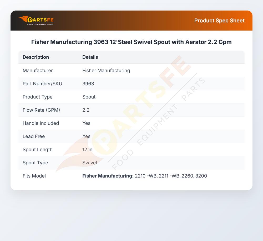 Fisher Manufacturing 3963 12'Steel Swivel Spout with Aerator 2.2 Gpm