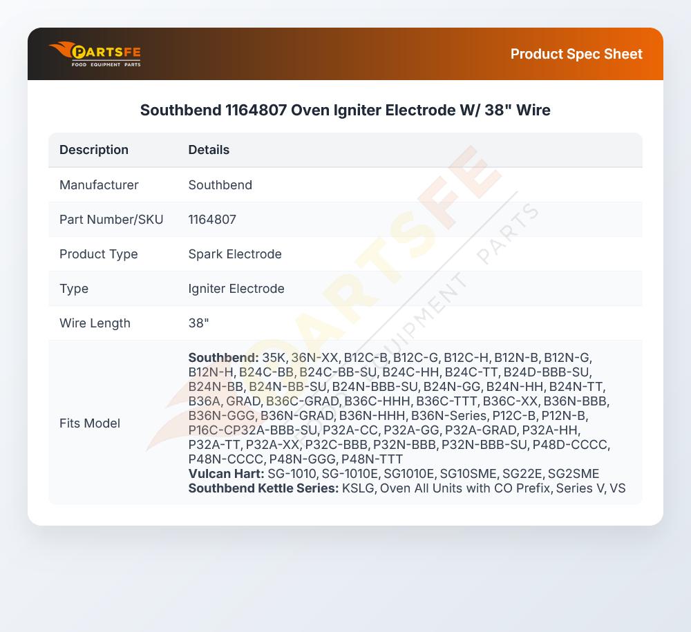 Southbend 1164807 Range Igniter Electrode W/38" Wire