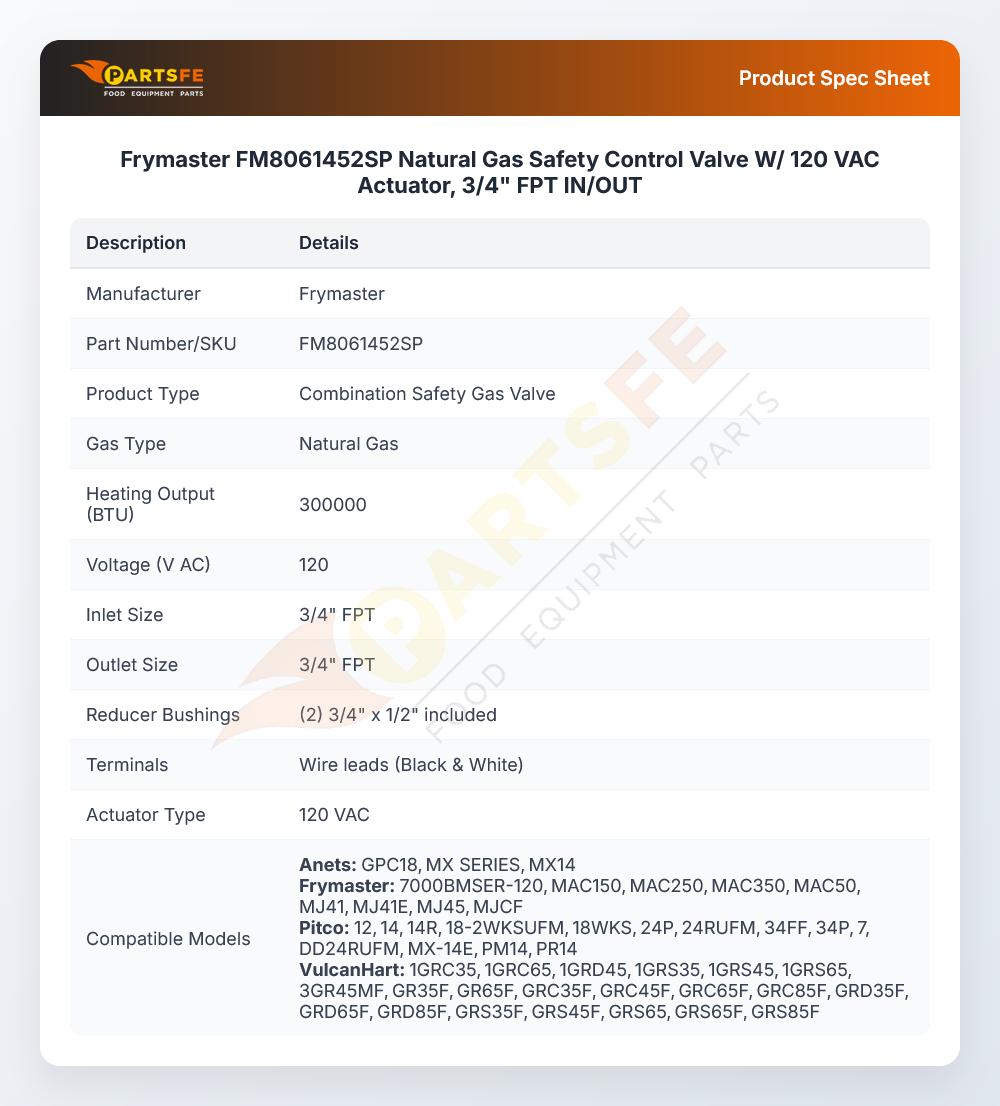 Frymaster FM8061452SP Natural Gas Safety Control Valve W/ 120 VAC Actuator, 3/4" FPT IN/OUT