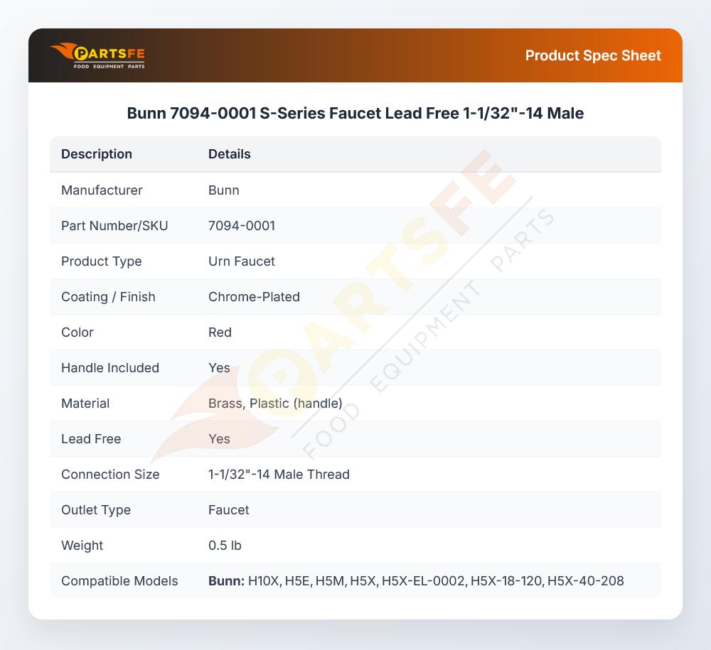 Bunn 7094-0001 S-Series Faucet Lead Free 1-1/32"-14 Male