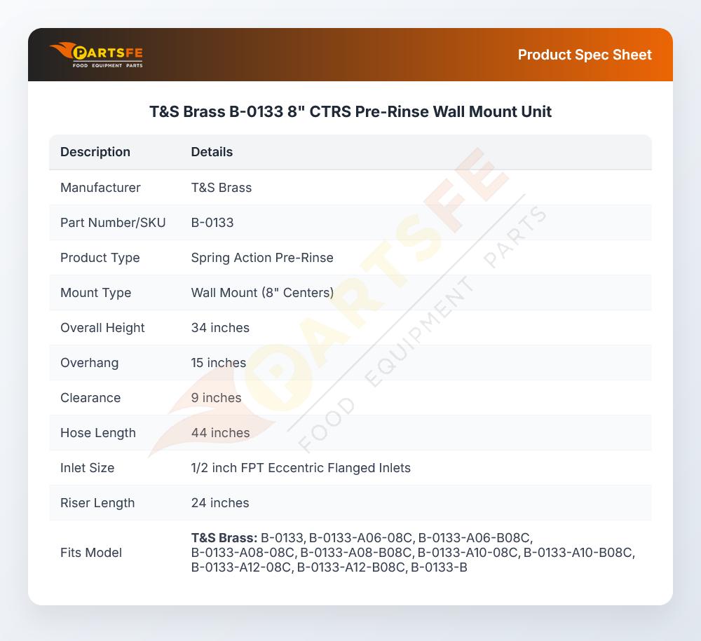 T&S Brass B-0133 8" CTRS Pre-Rinse Wall Mount Unit