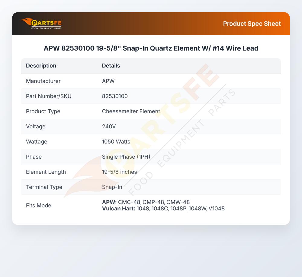APW 82530100 19-5/8" Snap-In Quartz Element W/ #14 Wire Lead