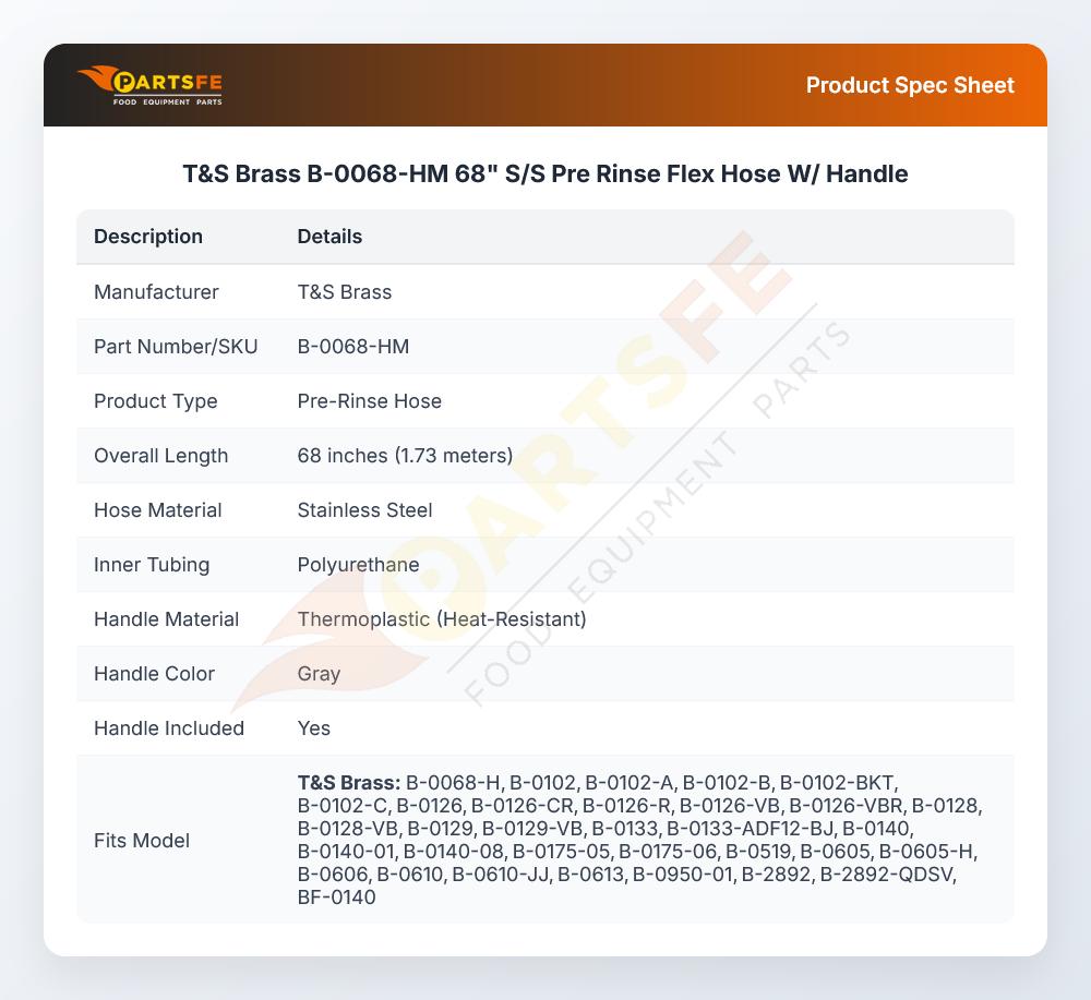T&S Brass B-0068-HM 68" S/S Pre Rinse Flex Hose W/ Handle