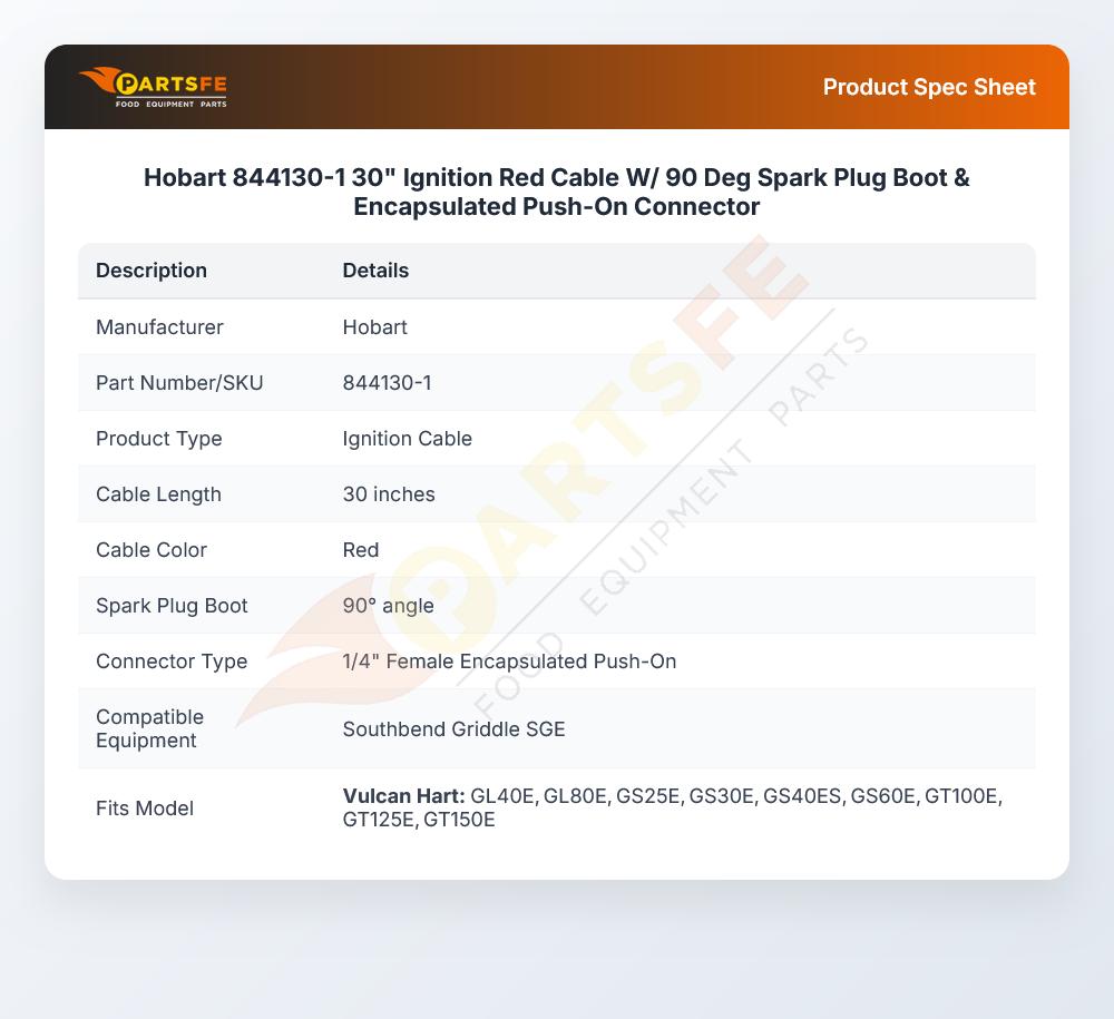 Hobart 844130-1 30" Ignition  Red Cable W/ 90 Deg Spark Plug Boot & Encapsulated Push-On Connector