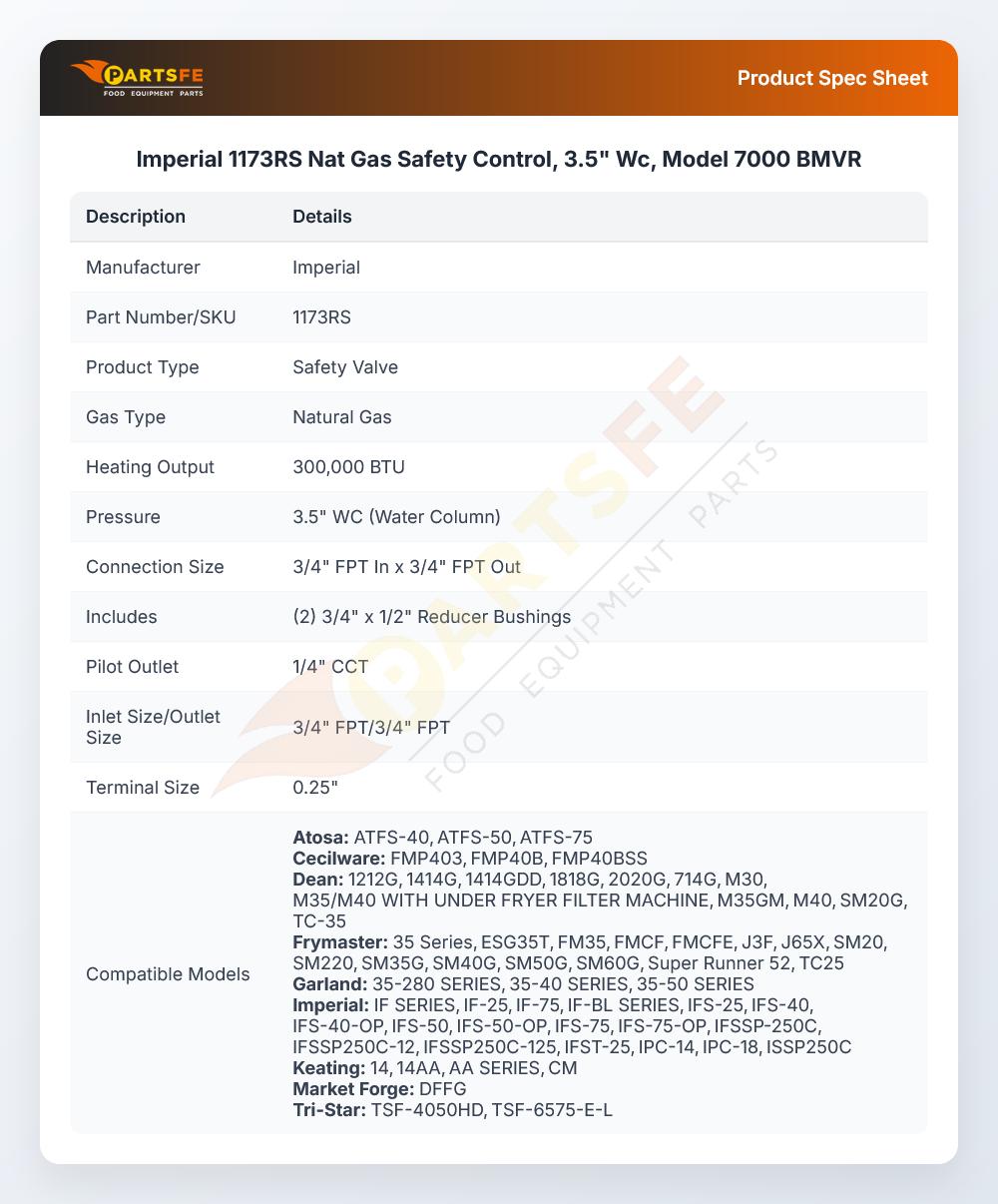 Imperial 1173RS Nat Gas Safety Control, 3.5" Wc, Model 7000 BMVR
