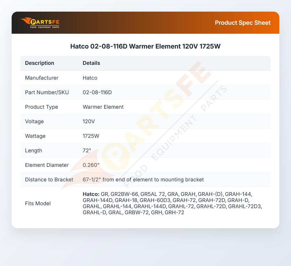 Hatco 02-08-116D Warmer Element 120V 1725W