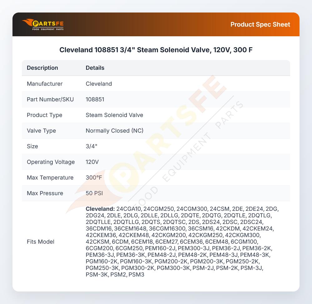 Cleveland 108851 3/4" Steam Solenoid Valve, 120V, 300 F
