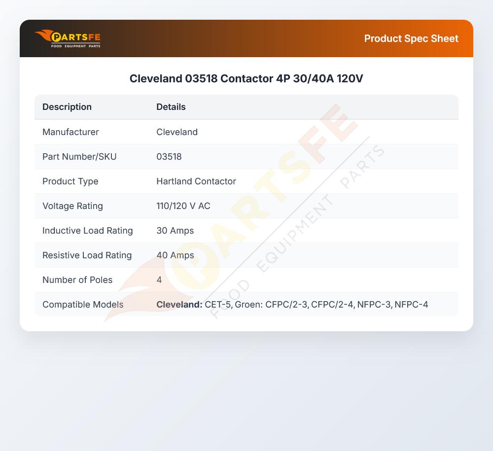 Cleveland 03518 Contactor 4P 30/40A 120V