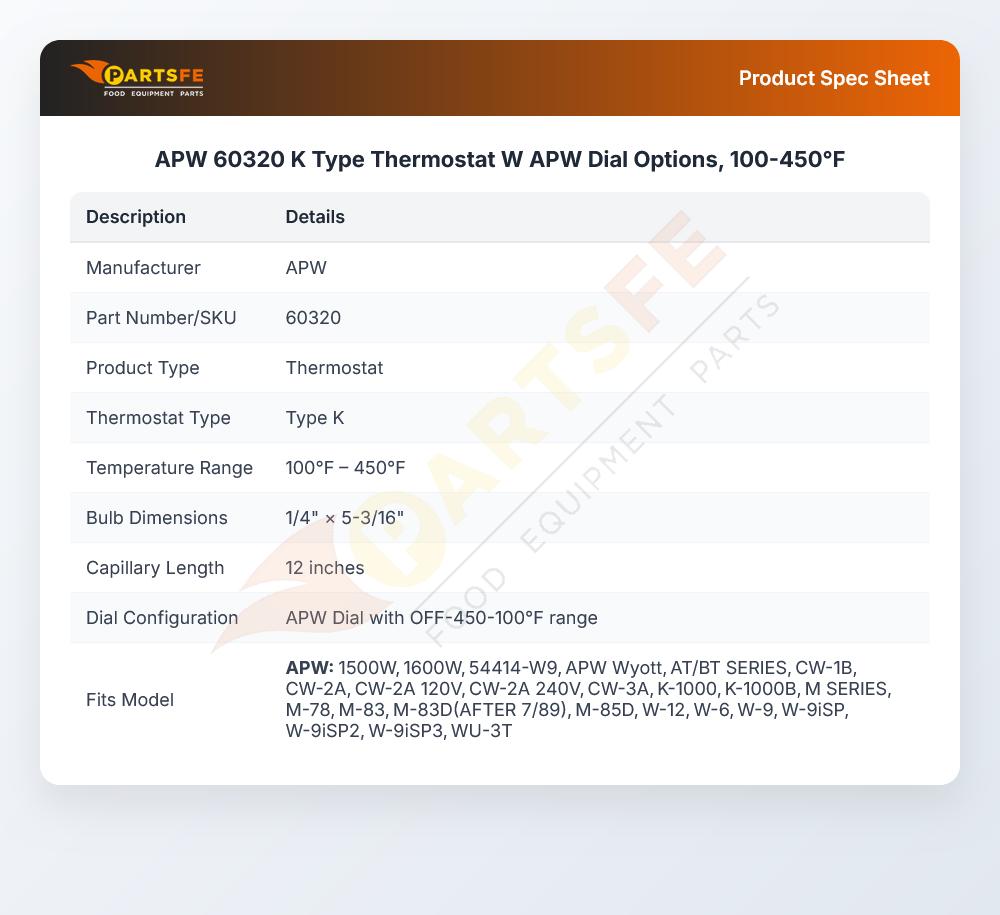 APW 60320 K Type Thermostat W APW Dial Options, 100-450&deg;F