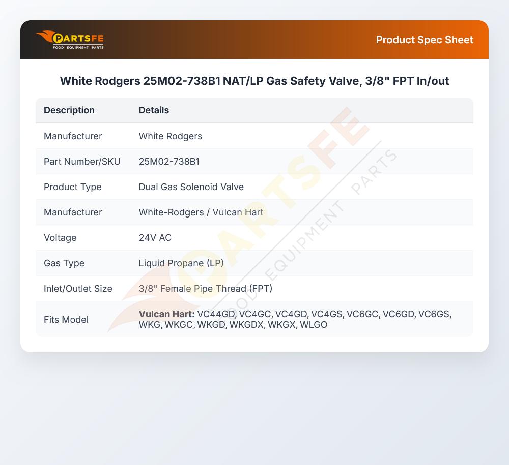White Rodgers 25M02-738B1 NAT/LP  Gas Safety Valve, 3/8" FPT In/out