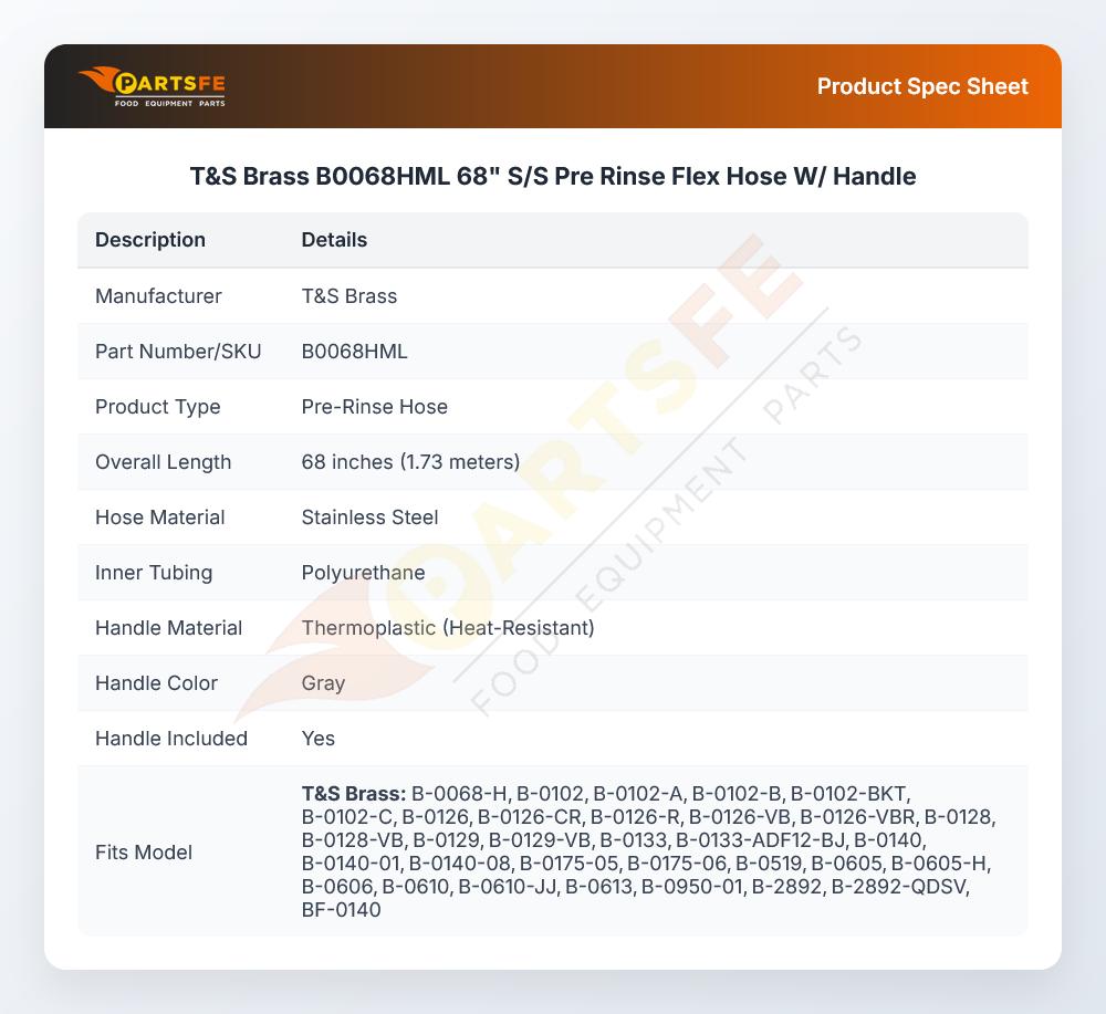 T&S Brass B0068HML 68" S/S Pre Rinse Flex Hose W/ Handle