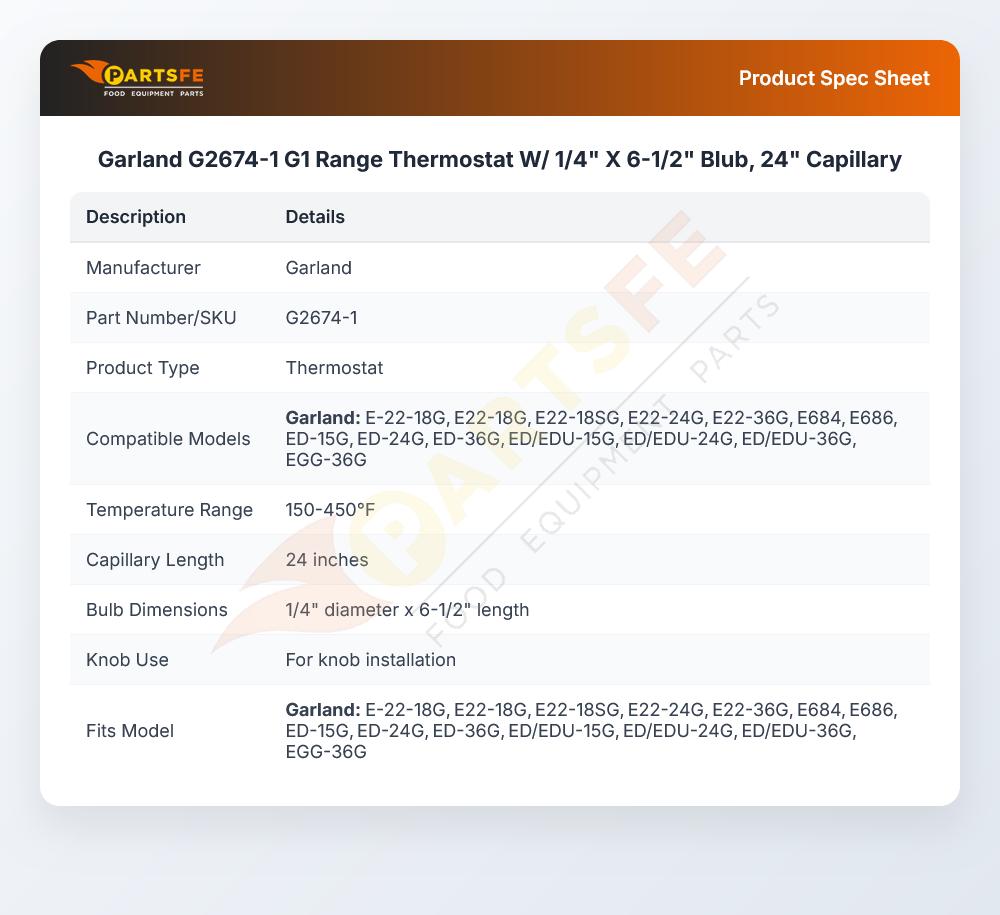 Garland G2674-1 G1 Range Thermostat W/ 1/4" X 6-1/2" Blub, 24" Capillary