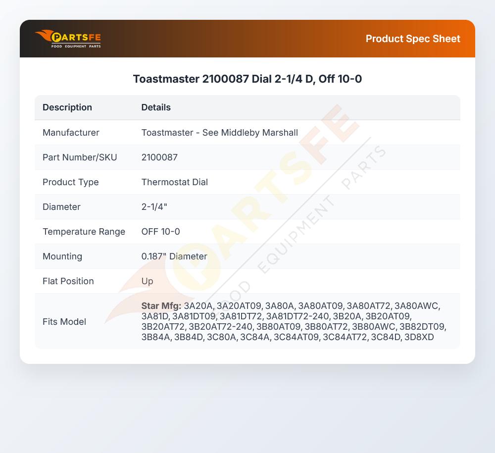 Toastmaster - See Middleby Marshall 2100087 Thermostat Dial 2-1/4" DIA Off 10-0