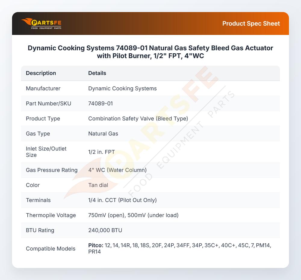 Dynamic Cooking Systems 74089-01 Natural Gas Safety Bleed Gas Actuator with Pilot Burner, 1/2" FPT, 4"WC