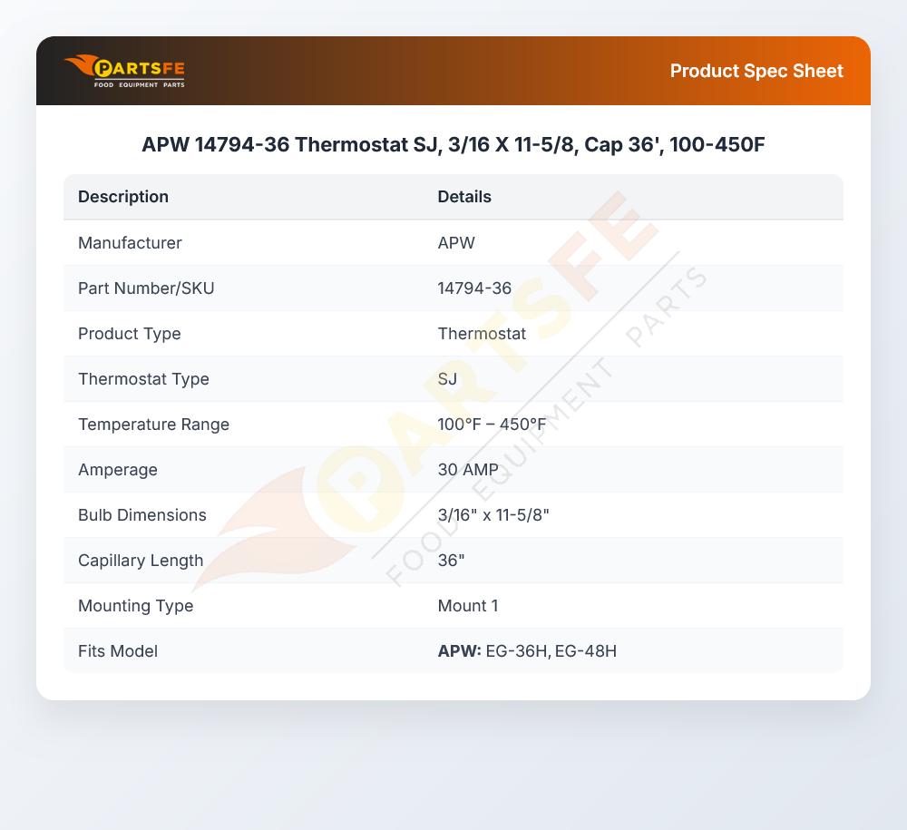 APW 14794-36 Thermostat SJ 3/16" X 11-5/8" 100&deg;F-450&deg;F CAP 36"