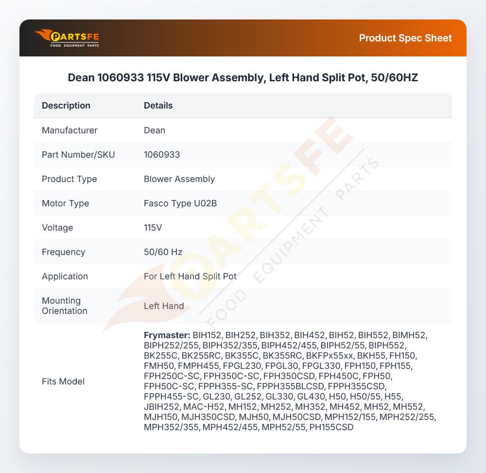 Dean 1060933 115V Blower Assembly,  Left Hand Split Pot, 50/60HZ