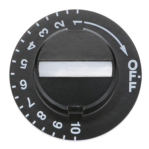 Intermetro RPC06-313 Black Knob W/Silver Bar, 2" DIA, OFF-10-1, Mount .187", Flat Right