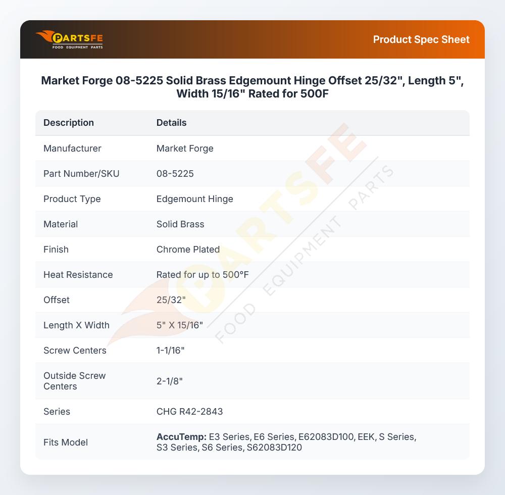Market Forge 08-5225 Solid Brass Edgemount Hinge Offset 25/32", Length 5", Width 15/16" Rated for 500F
