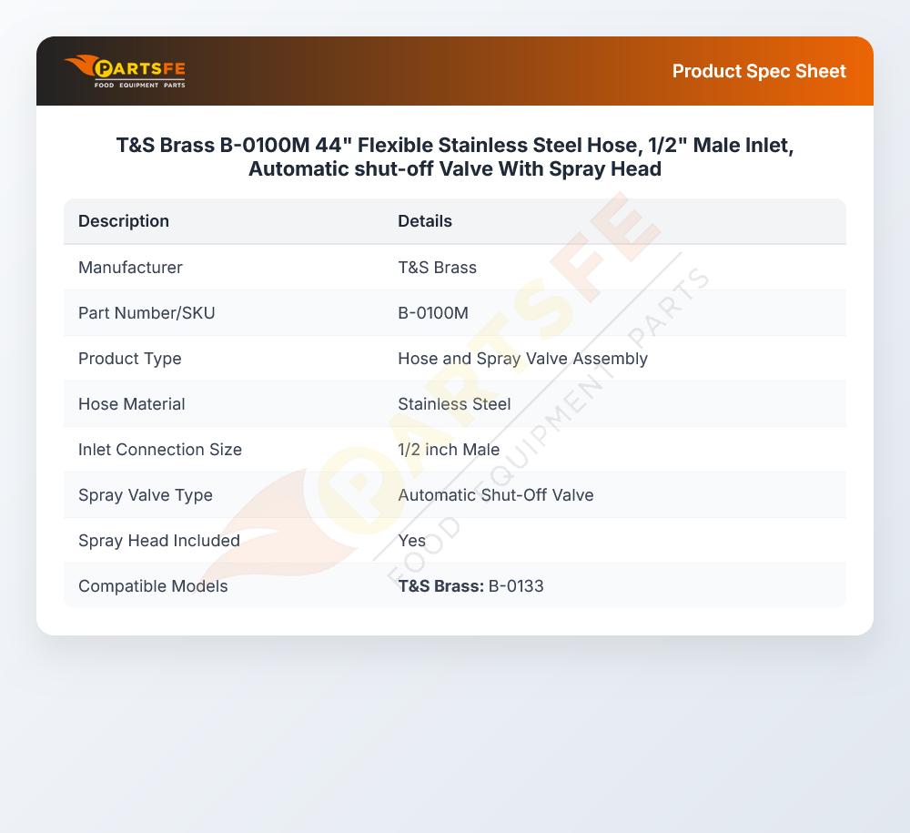 T&S Brass B-0100M 44" Flexible Stainless Steel Hose, 1/2" Male Inlet, Automatic shut-off Valve With Spray Head
