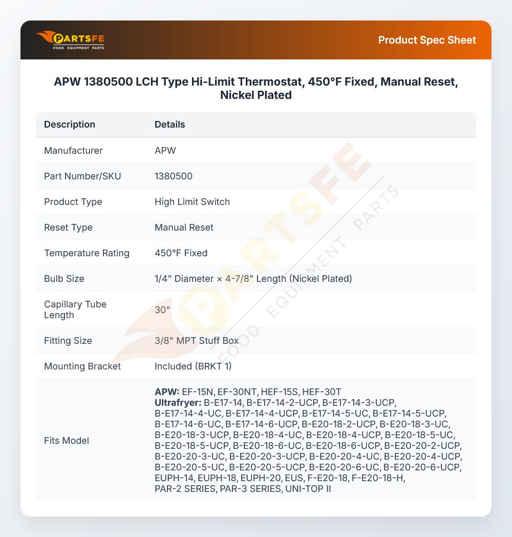 APW 1380500 LCH Type Hi-Limit Thermostat, 450&deg;F Fixed, Manual Reset, Nickel Plated
