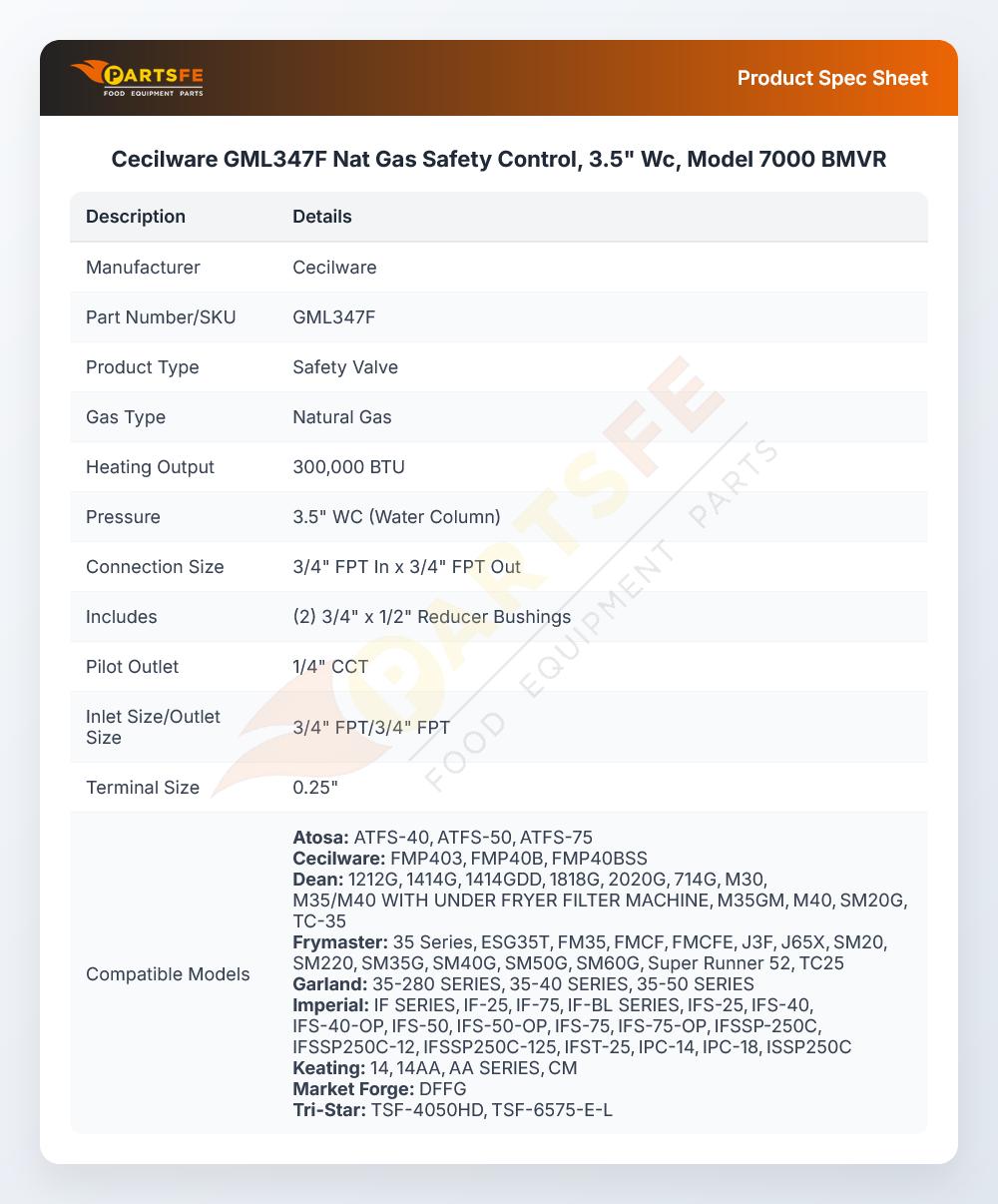 Cecilware GML347F Nat Gas Safety Control, 3.5" Wc, Model 7000 BMVR