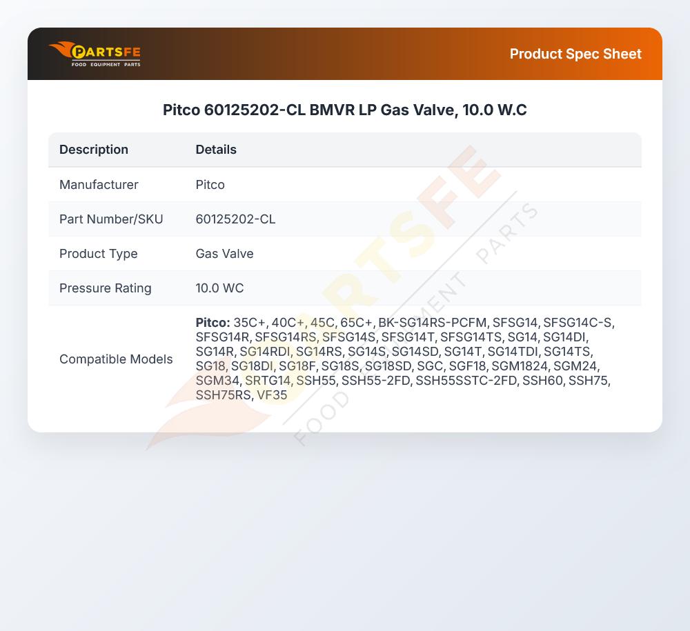 Pitco 60125202-CL BMVR LP Gas Valve, 10.0 W.C