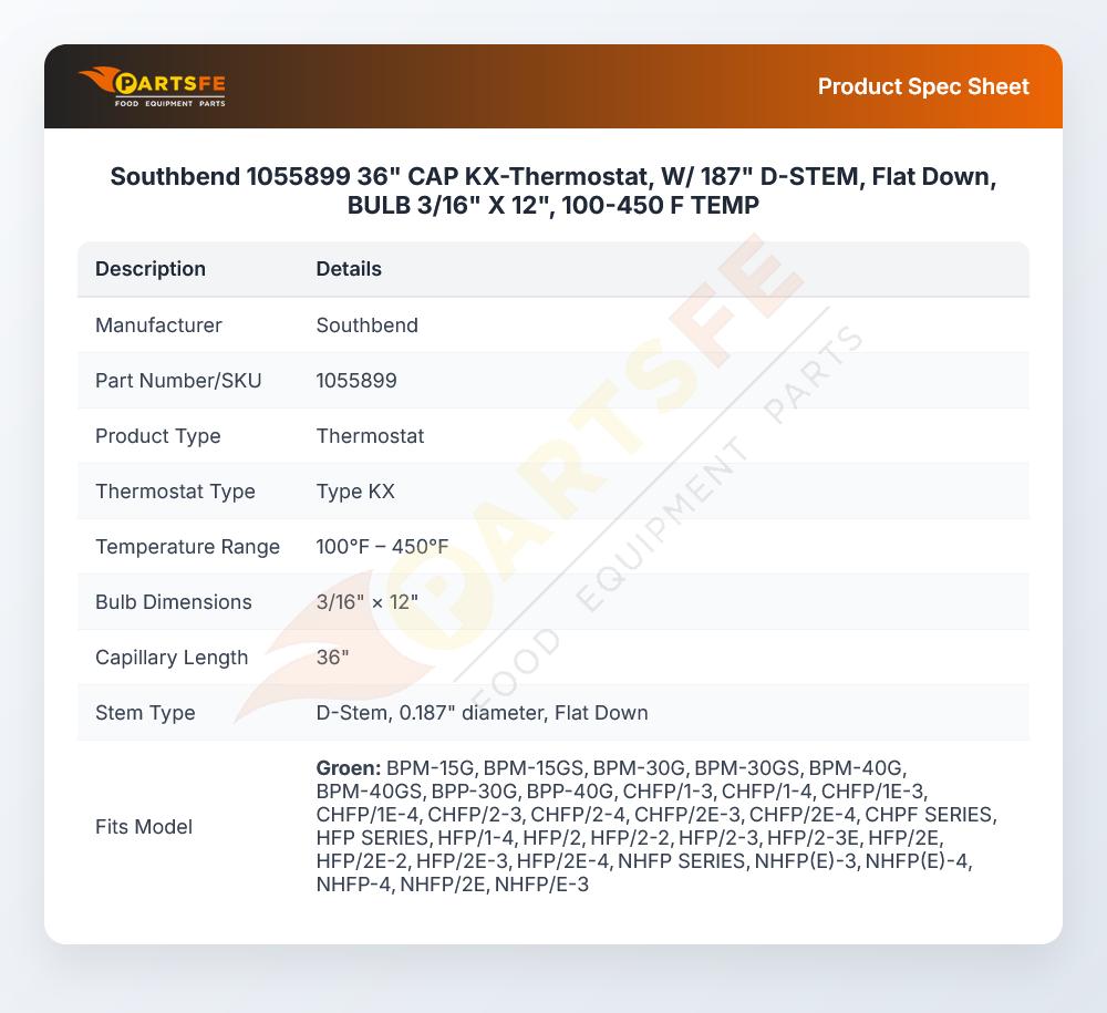 Southbend 1055899 36" CAP KX-Thermostat, W/ 187" D-STEM, Flat Down, BULB 3/16" X 12", 100-450 F TEMP