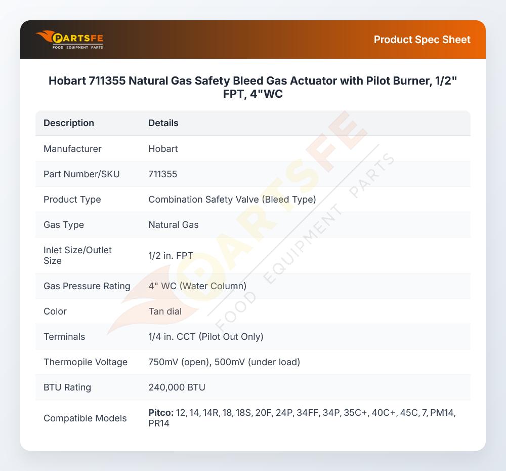 Hobart 711355 Natural Gas Safety Bleed Gas Actuator with Pilot Burner, 1/2" FPT, 4"WC