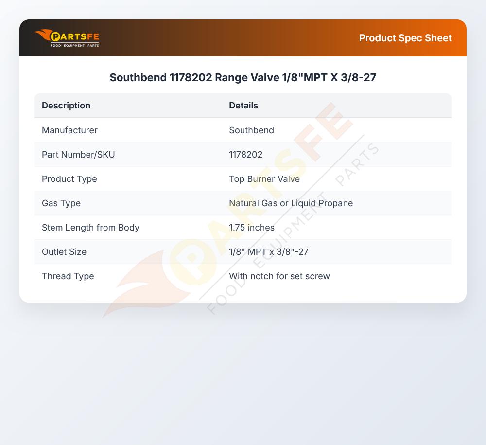Southbend 1178202 Range Valve 1/8"MPT X 3/8-27