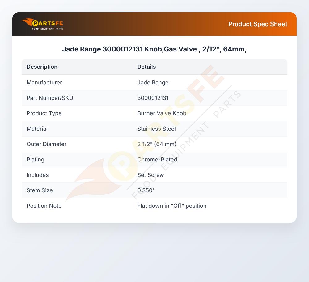 Jade Range 3000012131 Gas Valve Knob SS 2/12" OD