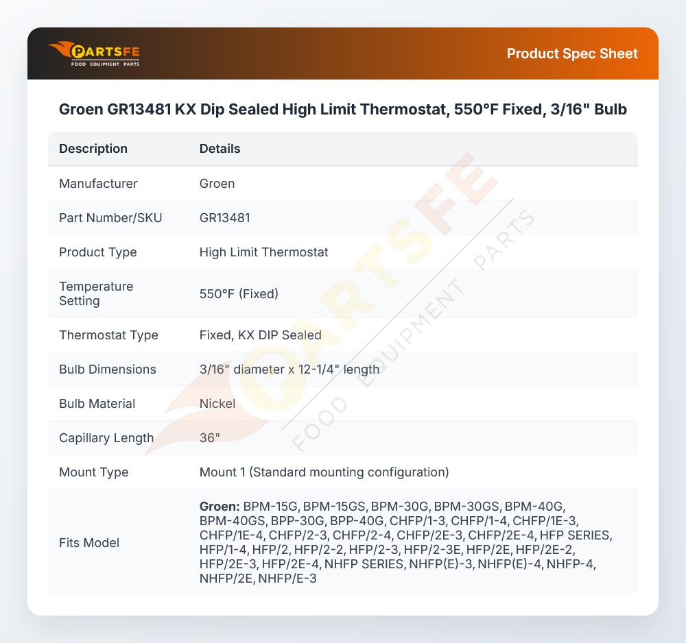 Groen GR13481 KX Dip Sealed High Limit Thermostat, 550&deg;F Fixed, 3/16" Bulb