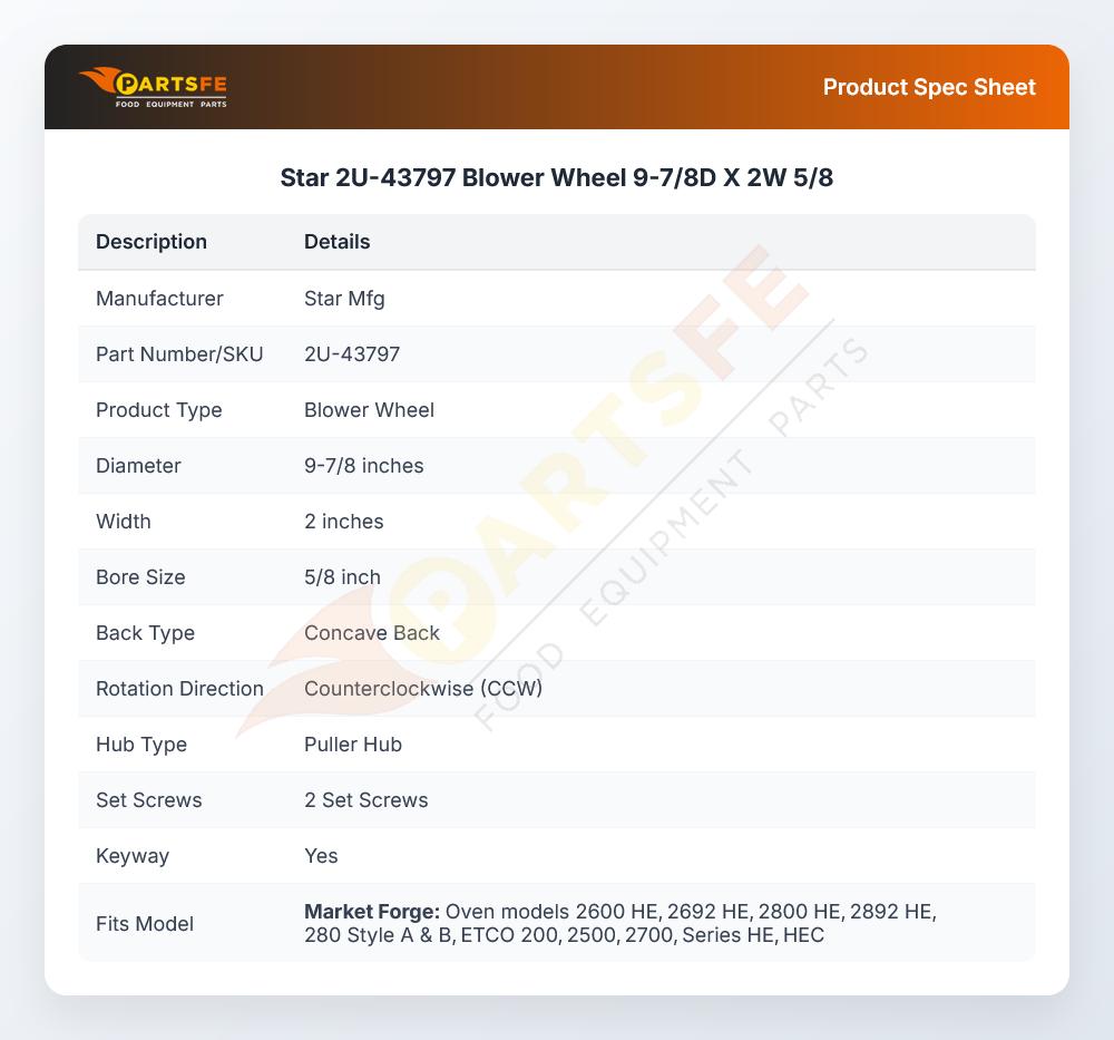 Star 2U-43797 Blower Wheel 9-7/8D X 2W 5/8