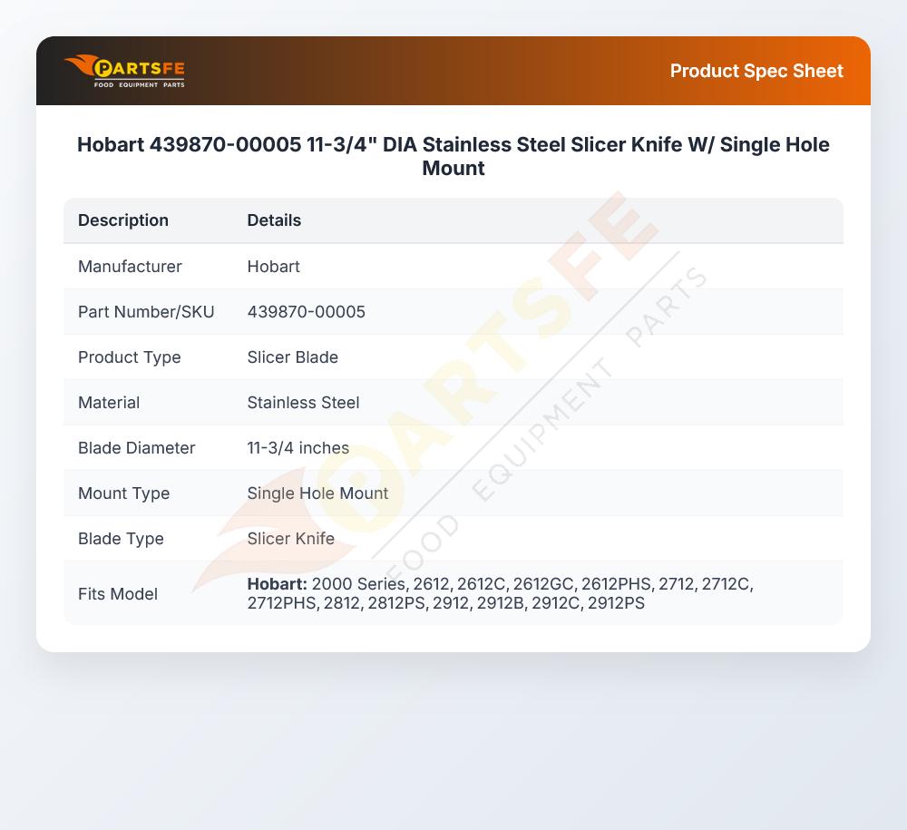 Hobart 439870-00005 11-3/4" DIA Stainless Steel Slicer Knife W/ Single Hole Mount