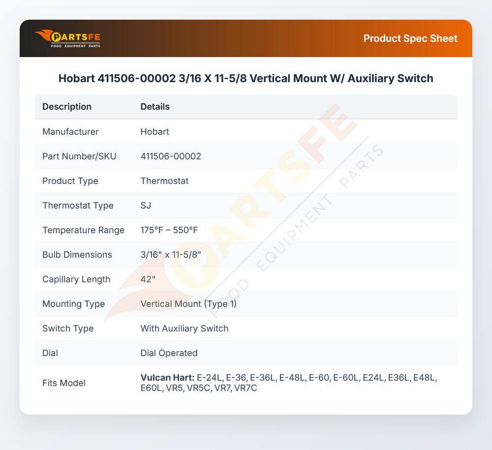 Hobart 411506-00002 3/16 X 11-5/8 Vertical Mount W/ Auxiliary Switch