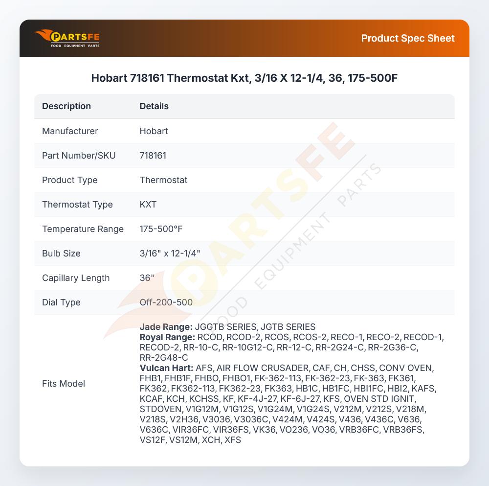 Hobart 718161 Thermostat Kxt, 3/16 X 12-1/4, 36, 175-500F