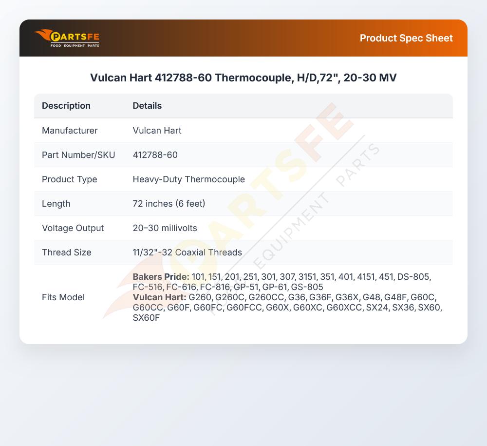 Vulcan Hart 412788-60 Thermocouple 72" Long 20-30mV