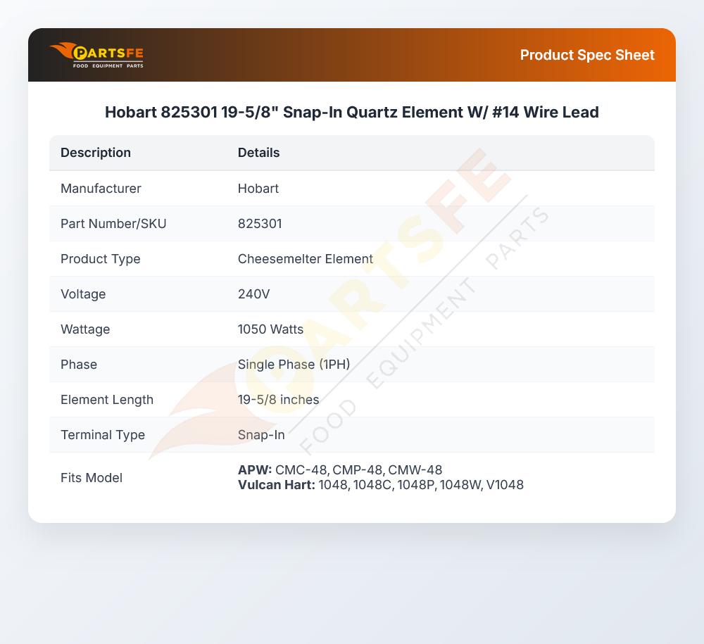 Hobart 825301 19-5/8" Snap-In Quartz Element W/ #14 Wire Lead