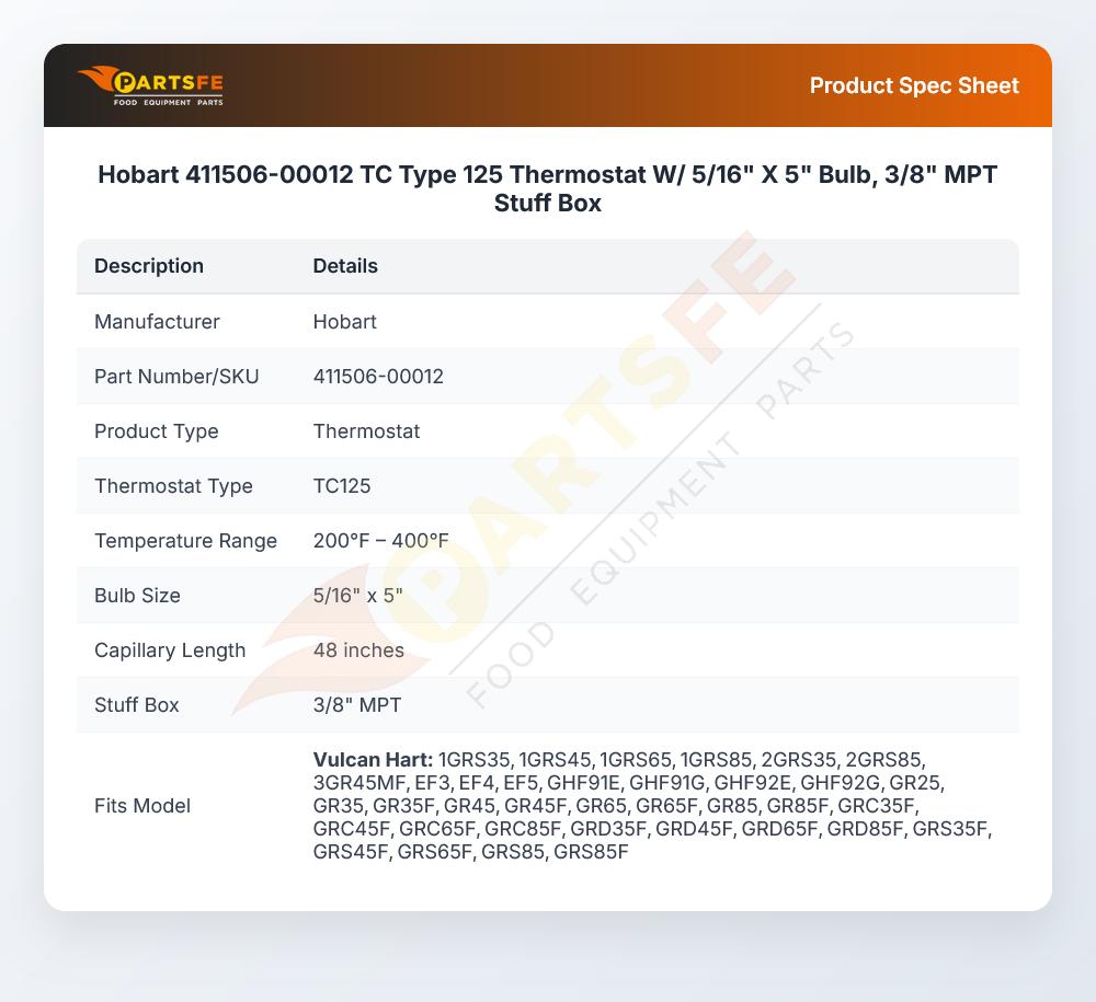 Hobart 411506-00012 Range Thermostat TC125 5/16" X 5" Bulb 48" CAP
